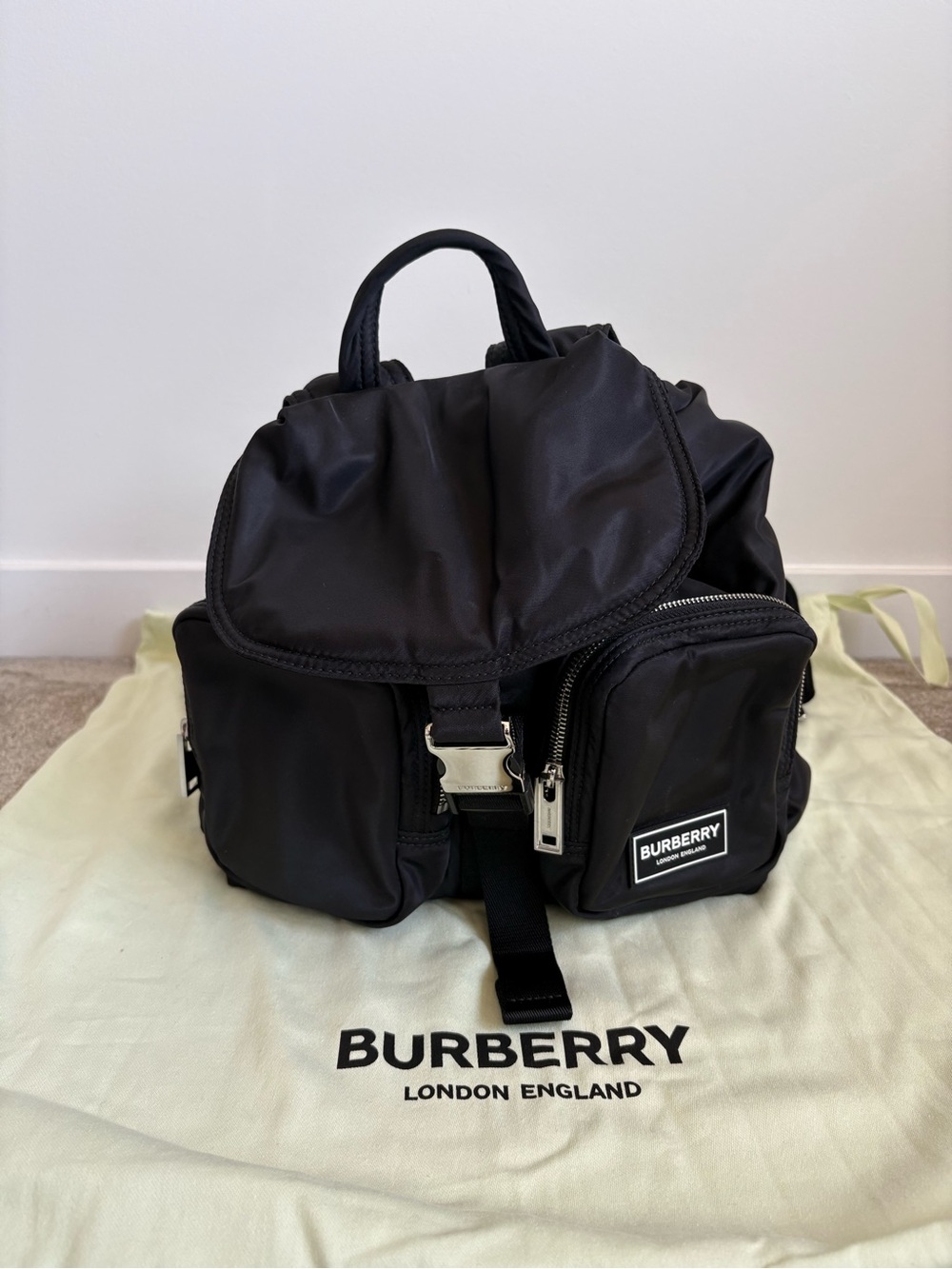 Burberry Black Nylon Backpack with Front Pouches and Silver Buckle